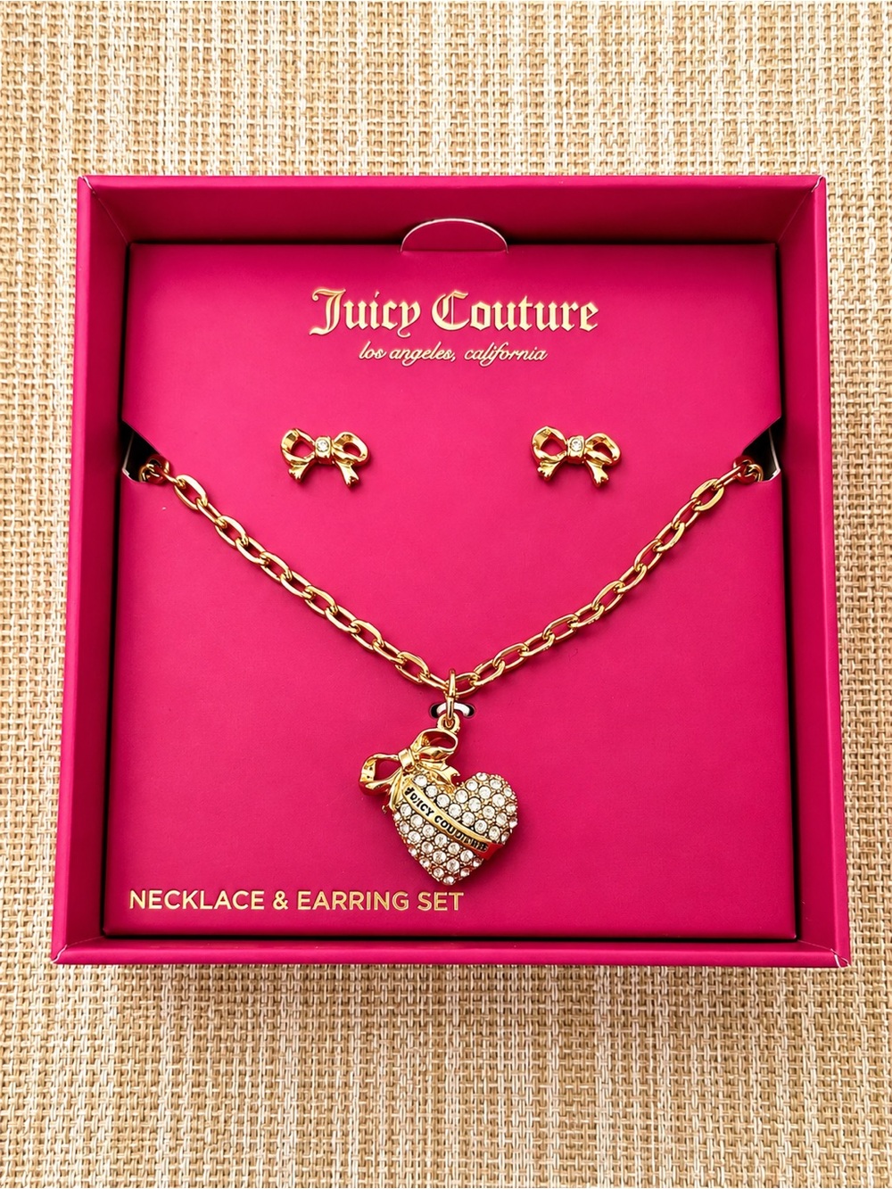 Juicy Couture Rhinestone Heart Necklace & Bow Earrings Set NIB